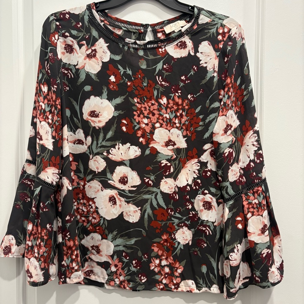 LOFT Black and Pink Bell Sleeve Blouse